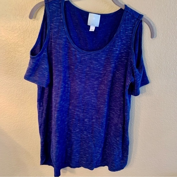 Sunday Shirt Small Navy Blue Cold Shoulder Short Sleeved Top Rayon/Spandex EUC - Picture 12 of 16